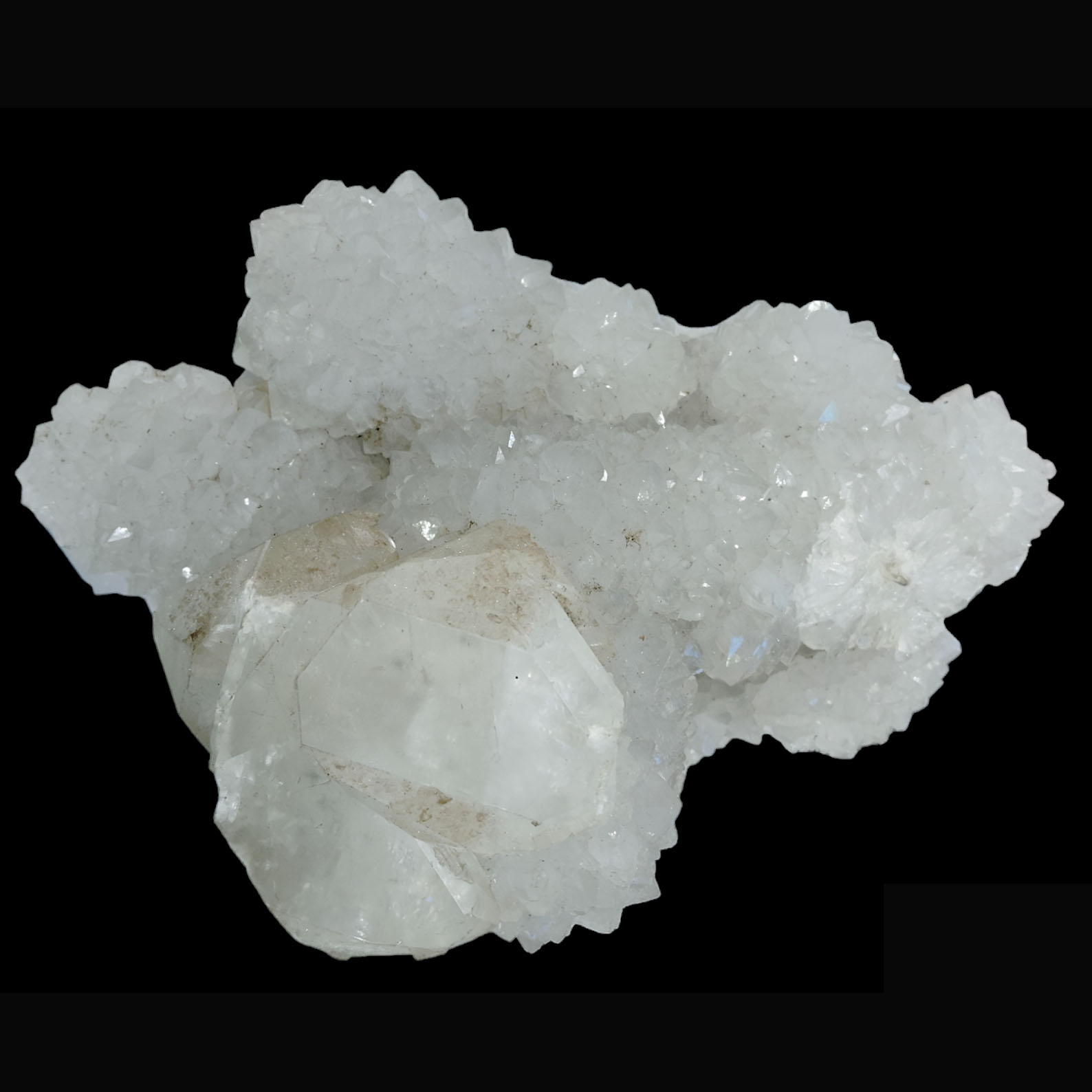 Muktidaya Vinayaka

(“Muktidaya”  “Vinayaka” being another name for Lord Ganesha, the remover of obstacles in Hinduism.)

Physical Description:

Primary Mineral Type: Likely Apophyllite with associated Stilbite
(Based on the large, lustrous crystal faces and the overall cluster form.)

Color:

Predominantly translucent white to milky clear

Crystal Formation:

The specimen displays a prominent hexagonal, prismatic crystal (bottom right),  Apophyllite, showing excellent termination and glassy luster.

Surrounding this are numerous smaller druzy crystals, which create a shimmering effect across the surface.

The larger crystal has natural geometric symmetry, with well-defined cleavage planes, almost resembling a sacred geometric formation, enhancing its spiritual symbolism.

Texture :

The surface shows a vitreous to pearly luster, particularly on the larger crystal faces.

Fine crystalline structure on the cluster adds contrast and depth.


Apophyllite is known for:

Enhancing intuition and connection with spiritual realms.

Promoting inner peace and clarity.

Acting as a conduit for Reiki and energy healing.

Stilbite, often found with Apophyllite, aids in:

Heart chakra activation.

Gentle emotional release.

Dream recall and spiritual journeying.

Ideal Use:

Meditation Focus Piece: Use as a centerpiece during spiritual practices.

Muktidaya Vinayaka is more than a mineral specimen — it is a crystalline embodiment of divine liberation, wisdom, and protection. With its radiant white clarity, sacred geometry, and grounding inclusions, it offers both aesthetic beauty and spiritual power, making it a truly remarkable and meaningful piece.